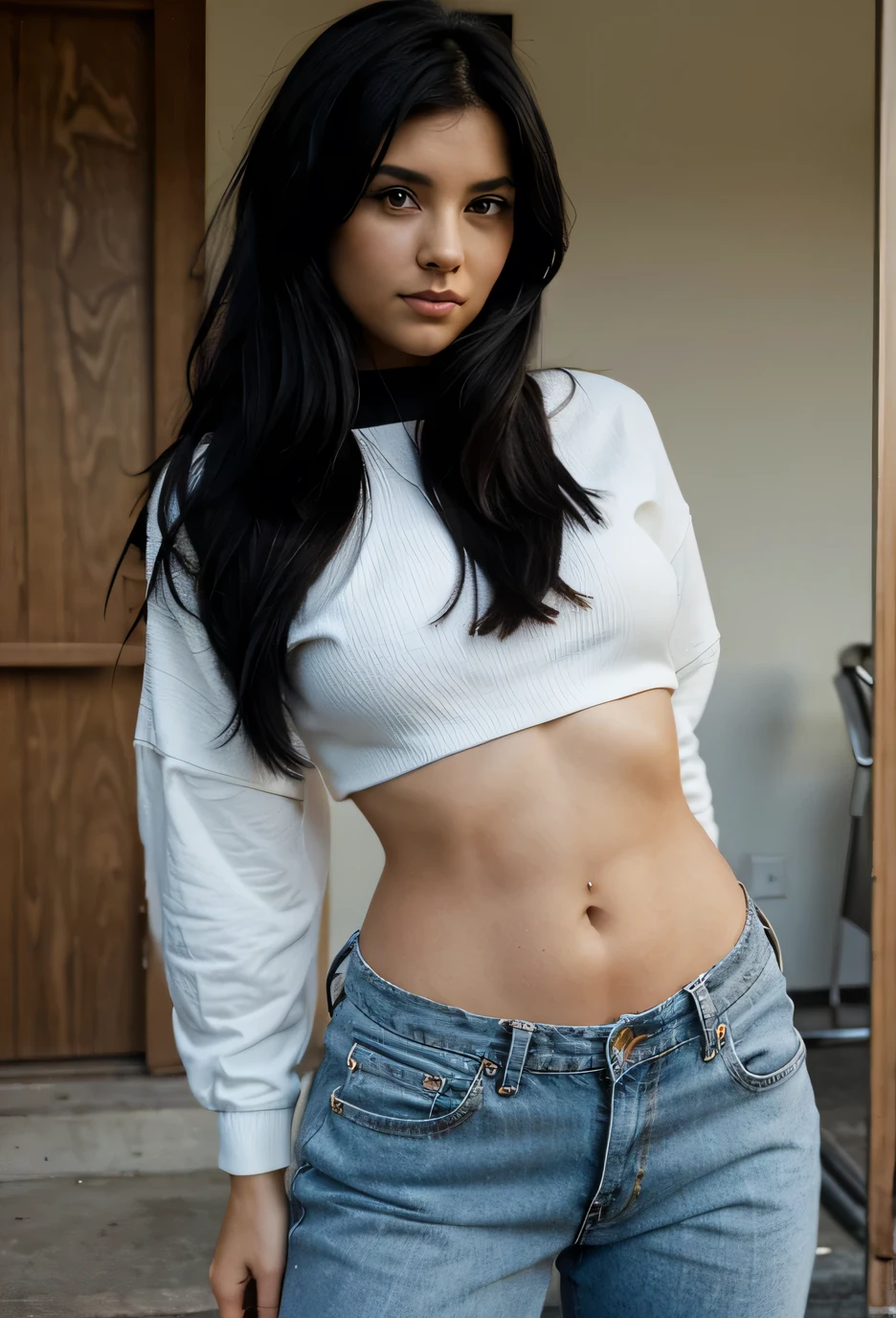 woman, black hair, dressed in clothes from the 80's, wide hips, looking at the camera
