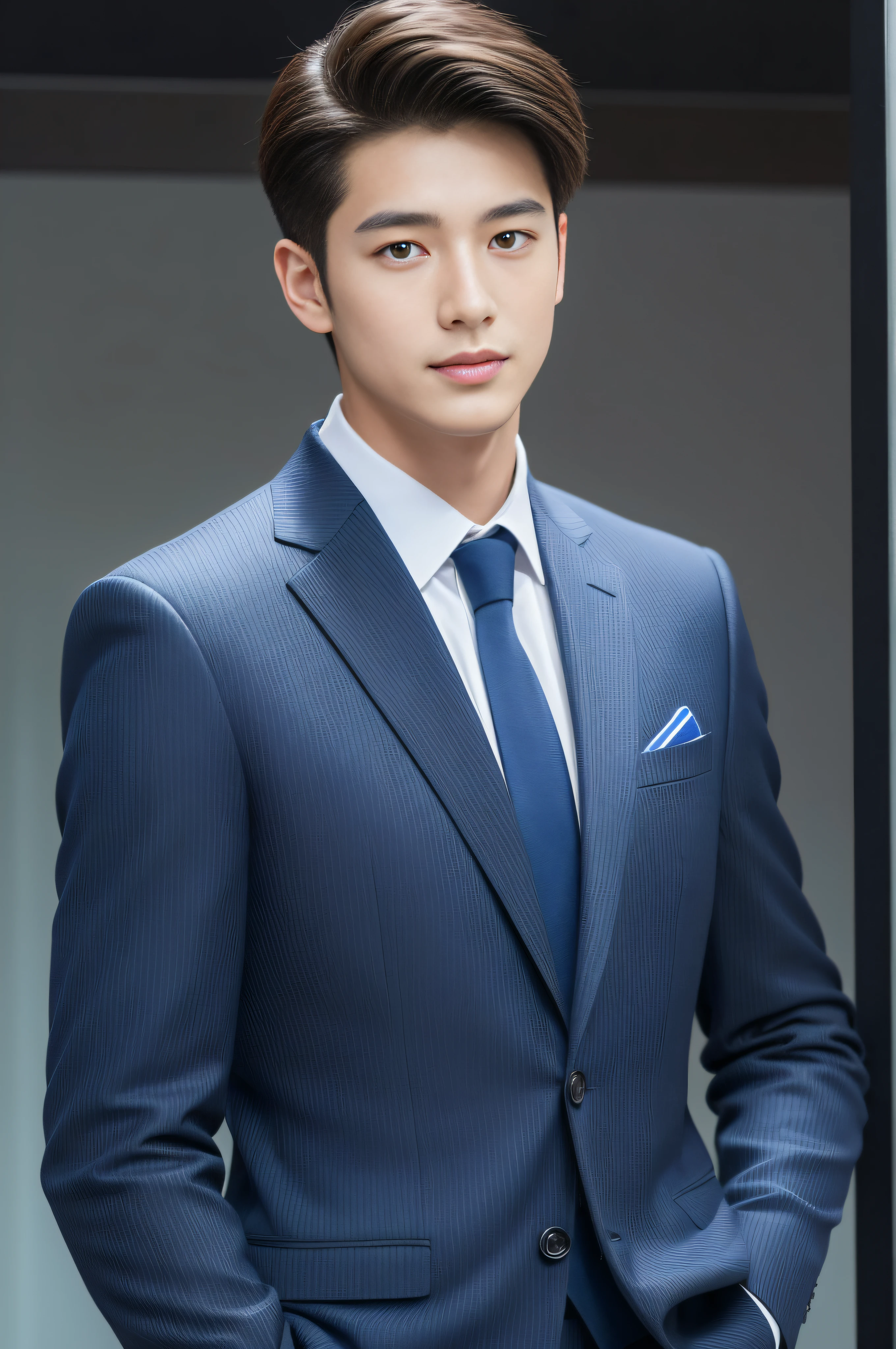 Fresh and handsome 20-year-old new employee、　（Super handsome guy in S-class suit）、　Japanese 20-year-old boy、　merchant、　ultra luxury suit、　striped suit、　office、　Stand up in a suitＳYoung handsome man、　Full body image、　（High-detail photos from CG Unity 8K）、　（Very detailedＳHandsome guy in class）、　（Photo real）、　　（（Top quality））、　Ultra Detailed、　（masterpiece）、　Ultra-high quality、　High、　Viewer、　gentleman、　Very beautiful hair、　Bright photos、　As handsome as a model、　As handsome as an idol、　luxury watch,