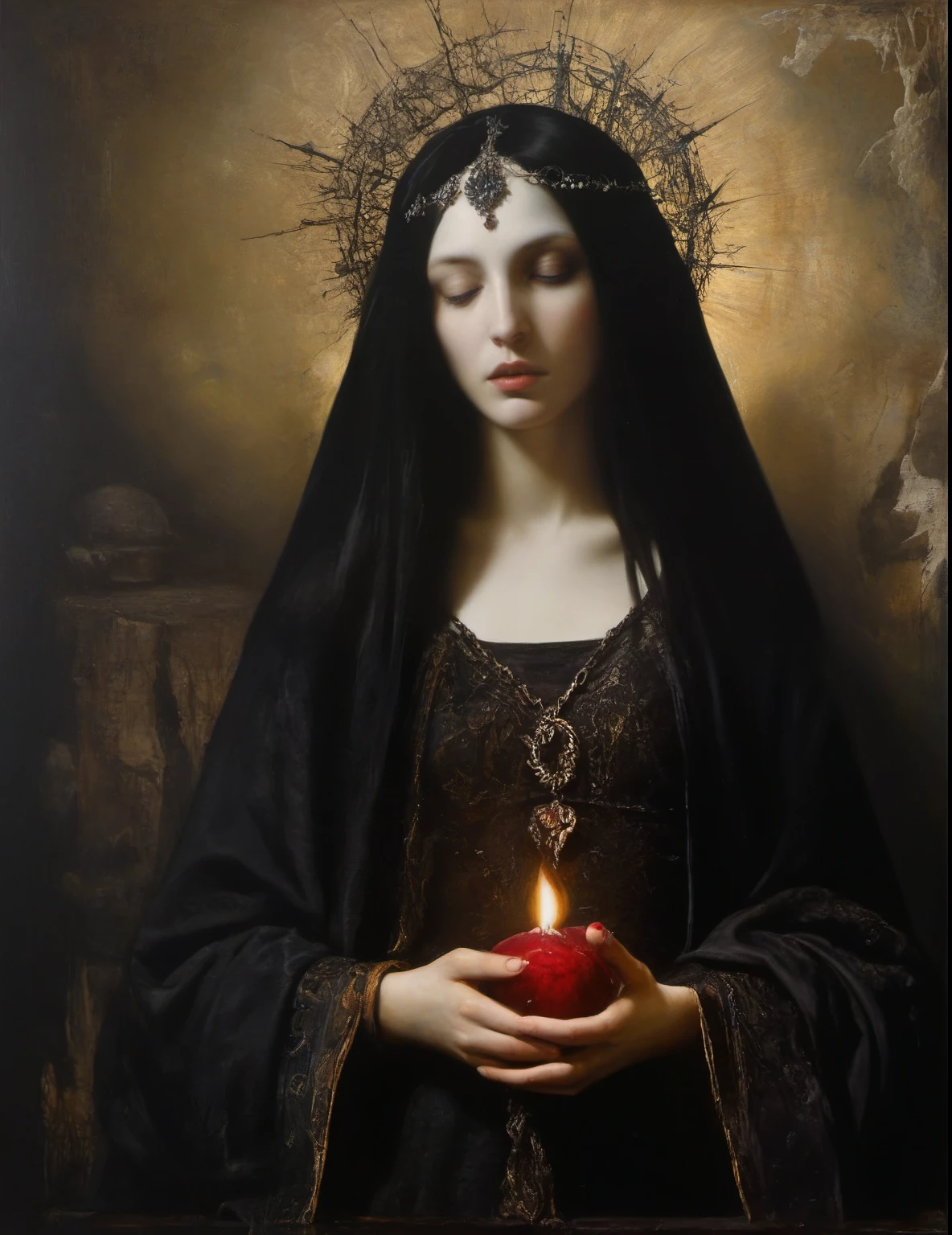 James Gurney, Surrealist art , dream-like, Mysterious, Provocative, symbolic, Complex, detailed,, (Gothic but very beautiful:1.4), (masterpiece, highest quality:1.4) , Nicola Samori Style, Mary Magdalene
