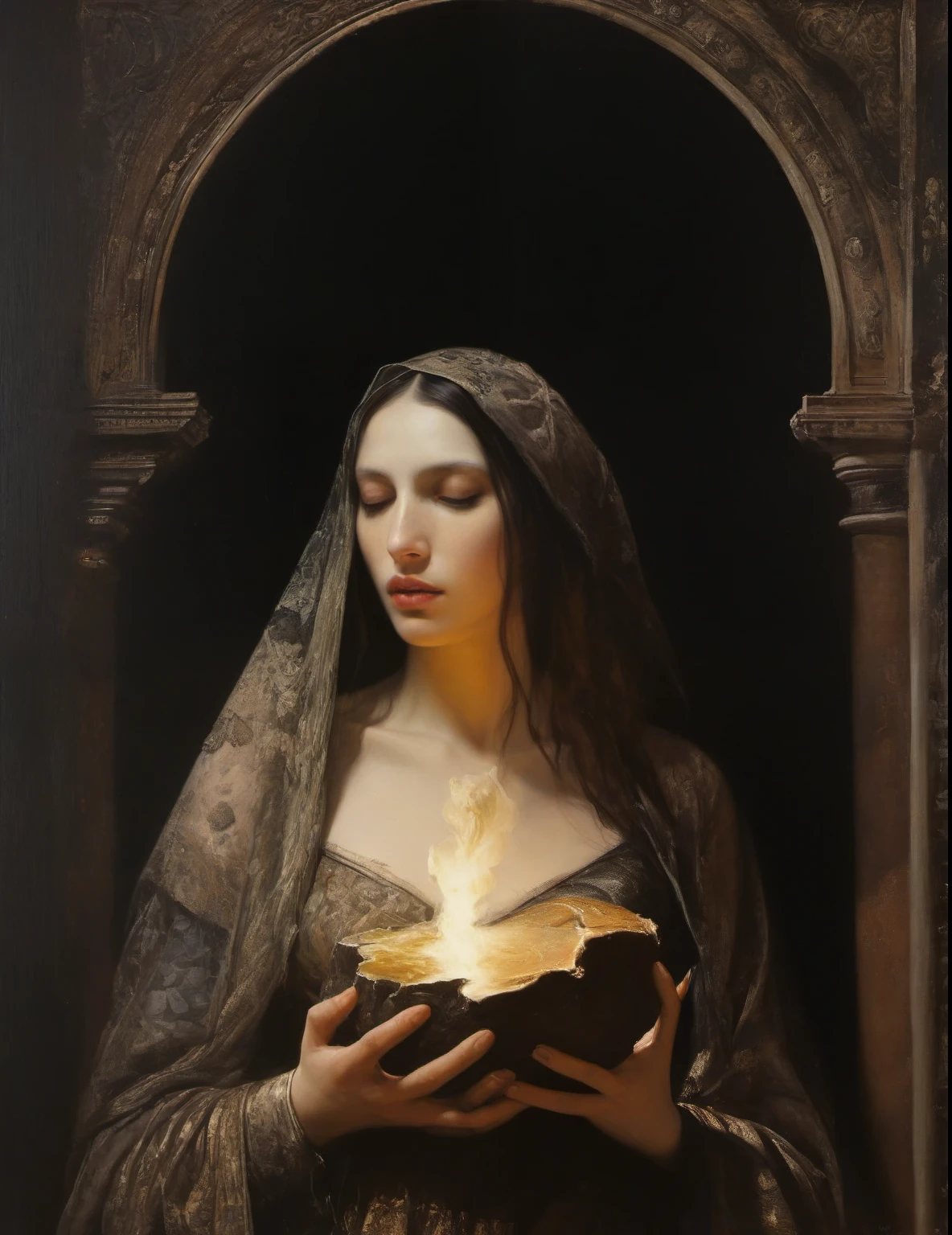 James Gurney, Surrealist art , dream-like, Mysterious, Provocative, symbolic, Complex, detailed,, (Gothic but very beautiful:1.4), (masterpiece, highest quality:1.4) , Nicola Samori Style, Mary Magdalene

