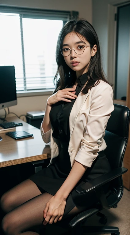 (whole body:1.5),(((One adult woman, 30 years old)):1.3),(Displaying the viewer:1.4),((Anatomically correct):1.45),((sit in office chair):1.2),(She wears big glasses、holding a book in hand:1.15),(shy:1.15),(Using multiple colors)(suit:1.2), ,(Beige pantyhose):1.3),( High heel leather shoes:1.1),(Accurate and perfect face:1.3),(Blue eyed blonde:1.2),Hyper HD, Ray Tracing, reflected light, Structurally correct, Awards, Attention to detail, Brighten the color contrast, Facial lighting ,Cinema Lighting, masterpiece, Super Detail, high quality, Attention to detail, 最high quality, 16k,High Contrast,