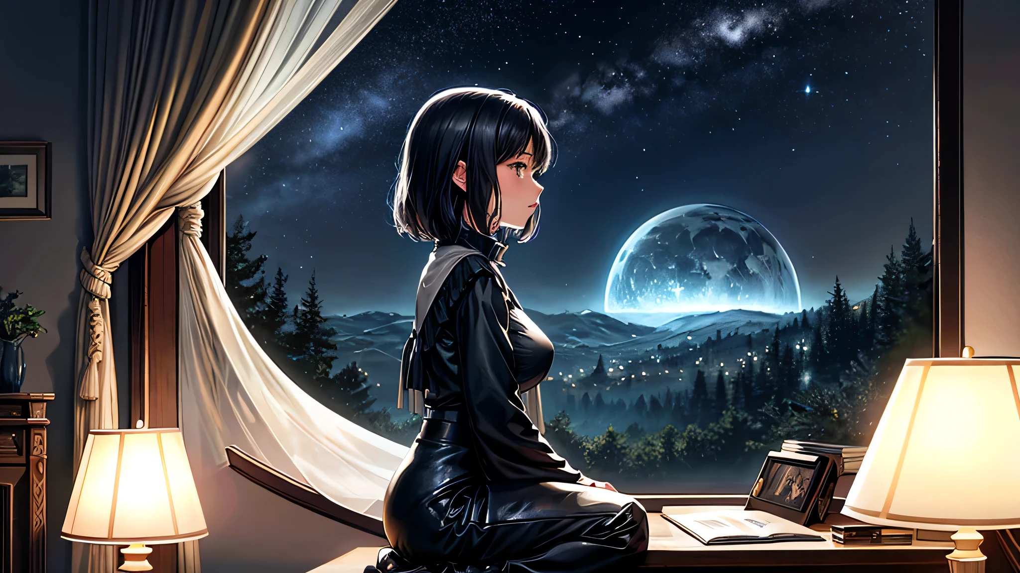 alone, Singular light, woman, midnight, face seen from the side, sideways, cosmic, fantsy, looking away:1.4, adult, busty, Ghibli-like design, living room, sitting, dark hair, studying, Completely, landscape orientation, side view,