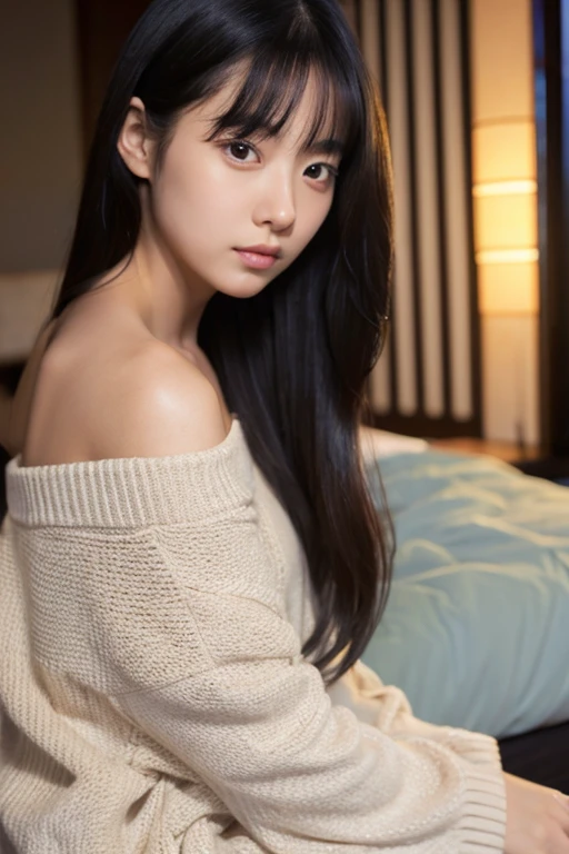 ultra detailed, a woman, thinking, sleepy, seiza, looking at viewer, long hair, straight hair, center part, black hair, black eyes, jitome, fair skin, tiny, glamorous, oversize, white off shoulder top, baby face, cute face, 20-year-old, japanese, in the bedroom, at midnight, beautiful, ultra realistic photo, full body shot
