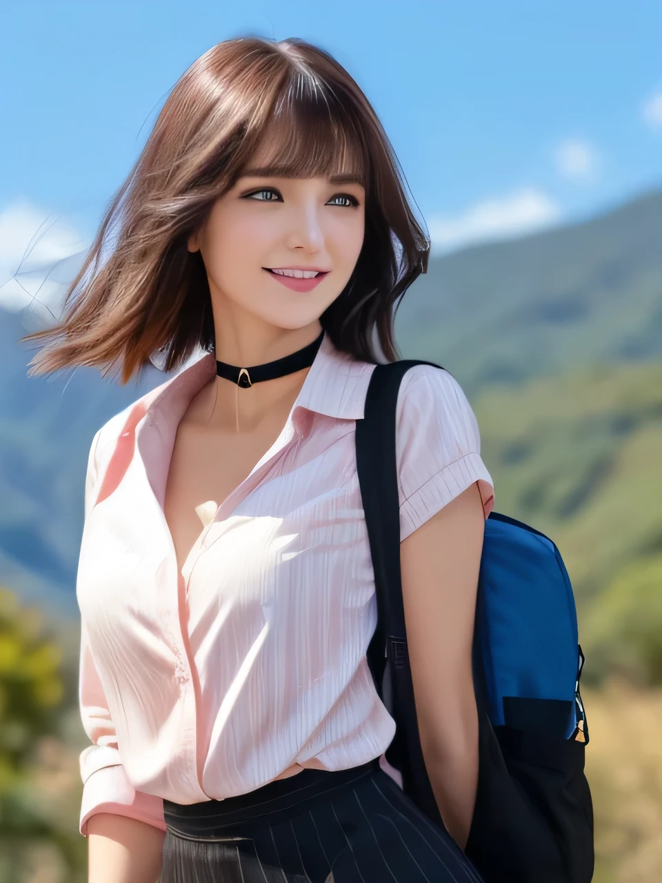 masterpiece, Front view、Cowboy Shot、Cute Japan Woman, (輝くBrown Hair, Straight Long Hair), ((Ivory and pink striped shirt、Black tights、Backpack)), Very cute face, Glossy Lips, Double eyelids on both eyes, Natural Makeup, Brown Hair, Asymmetrical bangs, High resolution, Attention to detail, Detailed hairstyle, Detailed face, Octane Rendering, SF, Perfect limbs, ((Black choker)), blue eyes, (Big Breasts), ((Slim body:1.5)), Cool Beauty, ((Slim face)), smile, Mature Woman, Browsing Caution:-1.2, Long, Bushy Eyelashes, Cleavage, ((Mountain、blue sky)), vamp fangs:1.2, fangs, By mouth２The book&#39;s fangs are showing, Grin, ((White teeth)）, White Fang、Open your mouth