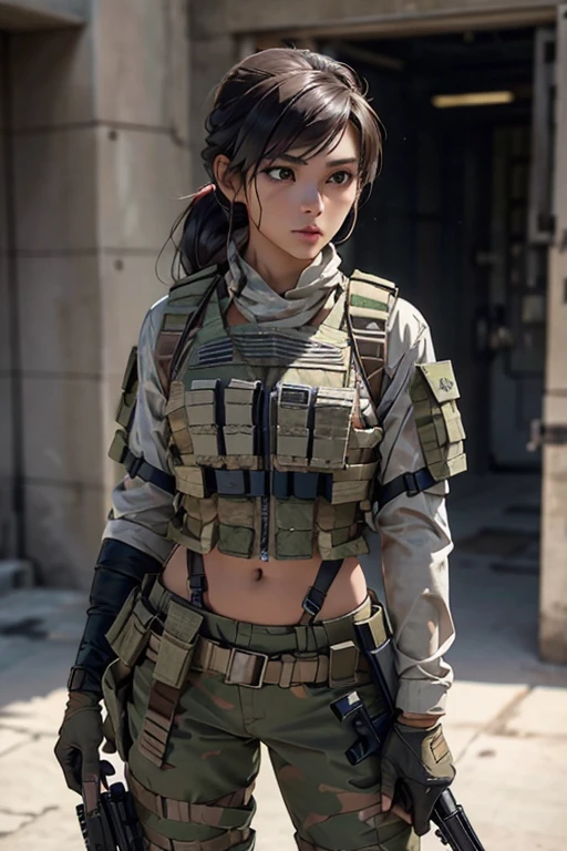 a woman in a white outfit holding a rifle and wearing headphones, 24-year-old woman, Filipino woman, tan bronze skin, soldier girl, mechanized soldier girl, military girl, beautiful female soldier, female lead character, infantry girl, of a sniper girl in war, solo female character, future combat gear, close up half body shot, Women in crop top military bulletproof vest, showing navel, quiet from metal gear solid v, wearing tactical gear, dressed in tactical armor, (aiming rifle)