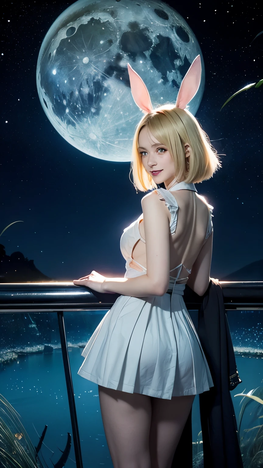 Mark Hill, Harry Clarke, Surrealism, Mysterious, Bizarre, Outlandish, Fantasy, Sci-Fi, Japanese Anime, Night Train Window in Spring, Bird Attendance, Traveling Blonde Miniskirt Beautiful Girl Alice, perfect voluminous body, Letter from the Moon Rabbit, detailed masterpiece Hyper realistic sharp focus cute embarrassing shy blushing coquettish smile happy zoom in real