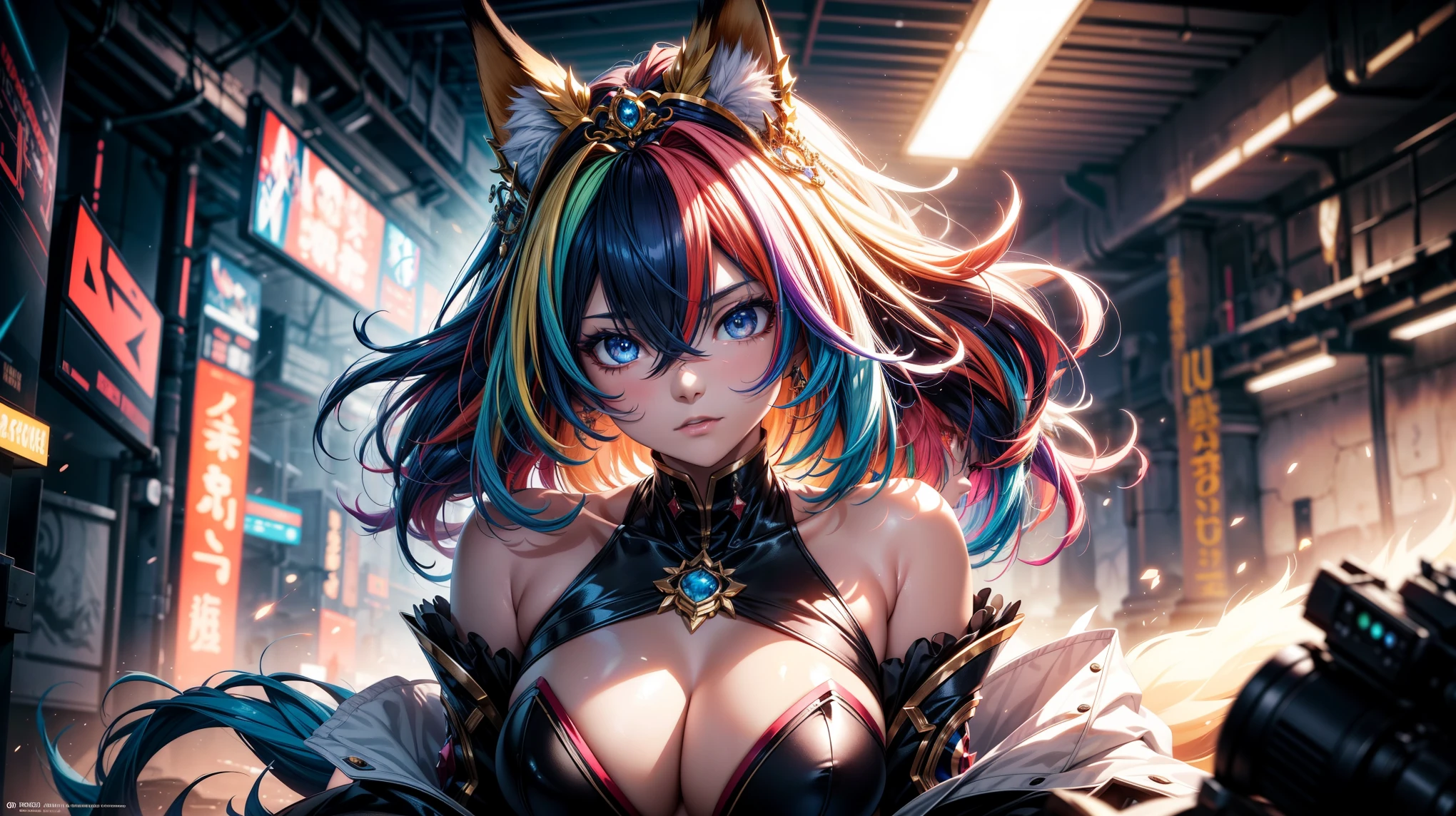 A stunning 3D anime girl with insanely colored inner hair bursting with vibrant multicolored hues, a tiara adorning her head, and enigmatic blank eyes that draw you in. She has fox ears that stand playfully alert, adding to her charm. The image is rendered in a realist style with perfect kinematic form. The background explodes with colors in an Action painting style, and cinematic lighting bathes her in a dramatic glow. Every detail is rendered in high quality 4k resolution, pushing the boundaries of digital art, giving the image a hyperrealistic feel.