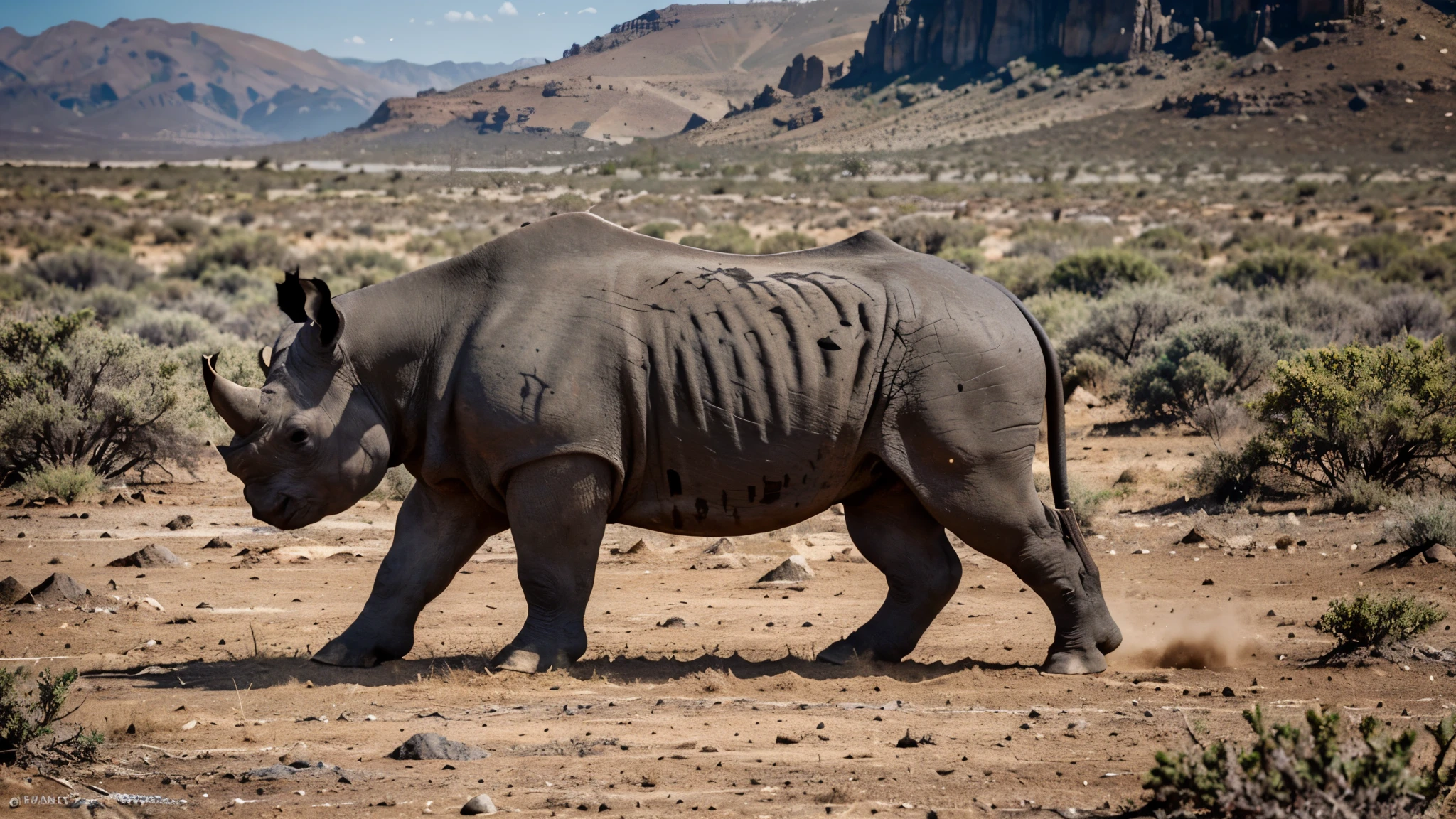 Capture the majestic presence of a Black Rhino in its natural habitat. Consider the rugged terrain, the subtle play of light and shadow, and the intricate details of the rhino's anatomy and surroundings. Your task is to evoke the essence of this endangered species with precision and authenticity, showcasing its strength, resilience, and the fragility of its existence.