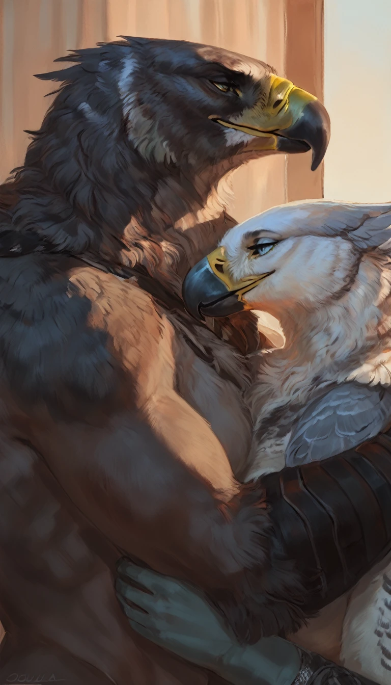 Dark red Eagle muscular male and pregnant female beige eagle, duo, strong eyes, hi res, masterpiece, absurd res, 2023, extreme detail, dark nipples, romantic face, by oouna, , side view, romantic, hugging, forest