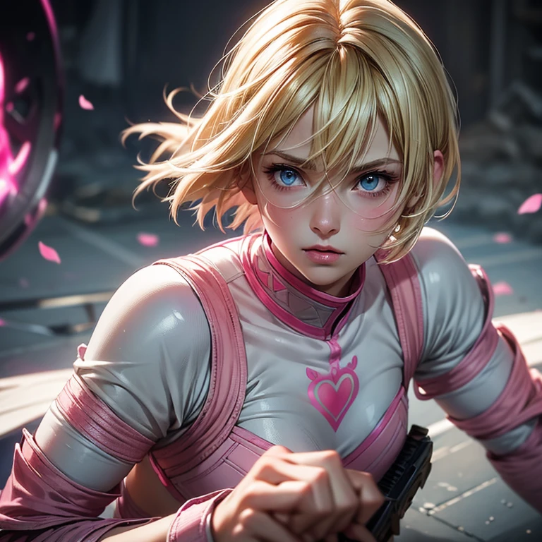 blonde girl, short hair, blue eyes, pink lips, pink and full cheeks, fighting outfit, with a weapon, with a cut on her cheek, face of someone who just came out of battle, athletic, realistic body
