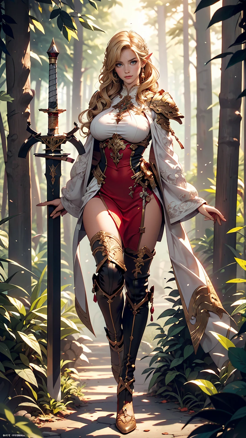 masterpiece, highest quality, Intricate details, Gorgeous blonde elven woman, (mint eye), Celestine Lucullus, Perfect Anatomy, Perfect Face:1.1), ((Huge breasts!!!!!!)),(Huge breasts!!!!), White one-piece uniform, Sharp focus, ((alone:1.4), (Full Body Shot), View your viewers, Ultra-high resolution, (One girl:1.4), Highly detailed illustration, Smooth, Extremely pixel perfect, Detailed Background, art：Wlop と Ross Tran, forest, Fascinating,Venus Body、Wields the legendary sword