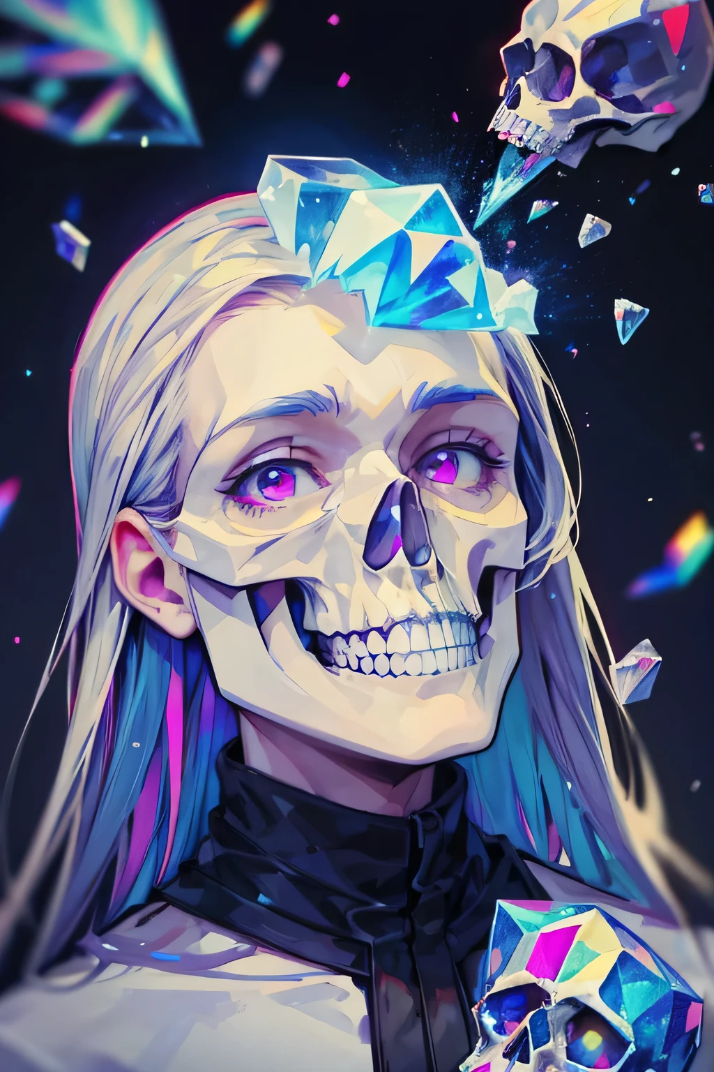 A realistic crystal falls on a human skull and causes it to explode into pieces of glass of all colors ,pixel , Pixelated Skull