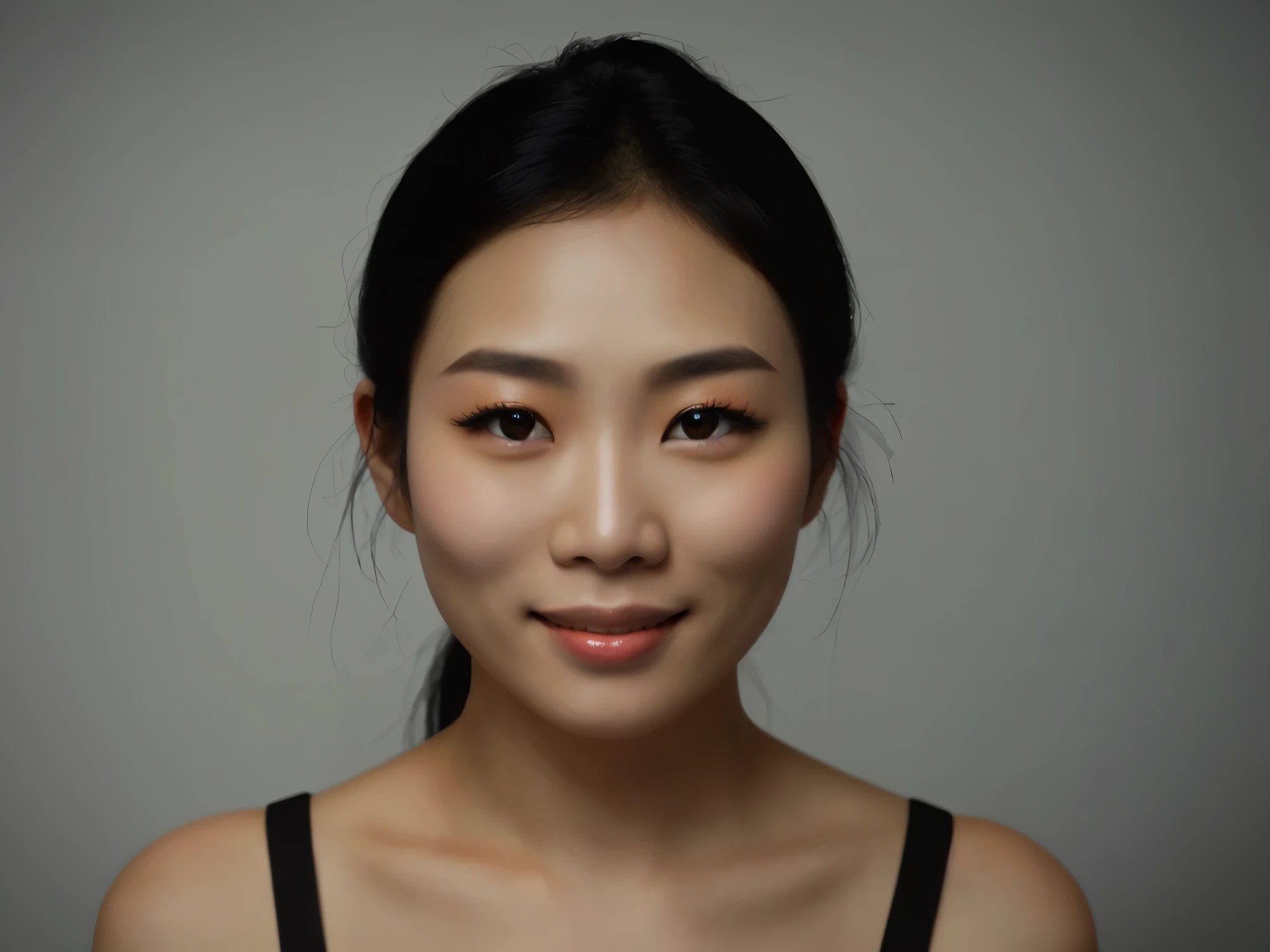 Asian。black eye、Black Hair。round and large eyes。smile