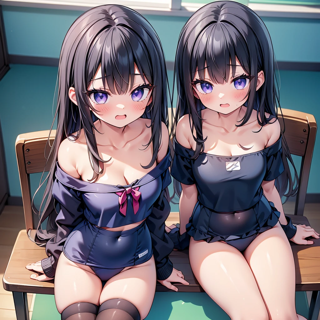 (cute eyes:1.2), (sparkling eyes:1.2), (8K、Best image quality、highest quality、masterpiece)、Detailed face、(2 girls)、Improve、(Black Hair, Purple Eyes, long hair)、(open mouth), (embarrassed), (skinny body:1.3),(small breasts), (Off shoulder school swimsuit:1.2), (Bare shoulders:1.2),(cleavage), (crop top navel), Sit on a chair, Classroom Background, (black stockings:1.1), (Thighs:1.1), (Waistline:1.1),(close-up shot of bust), (from above:1.2)