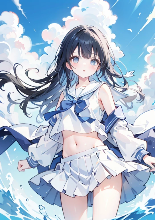 School White Sailor Suit mini skirt Long Black Hair No sleeve Embarrassed look Light blue ribbon The navel is slightly visible The wind is about to blow my skirt up.