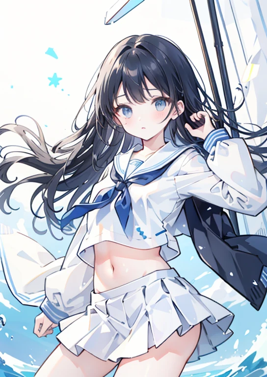 School White Sailor Suit mini skirt Long Black Hair No sleeve Embarrassed look Light blue ribbon The navel is slightly visible The wind is about to blow my skirt up.
