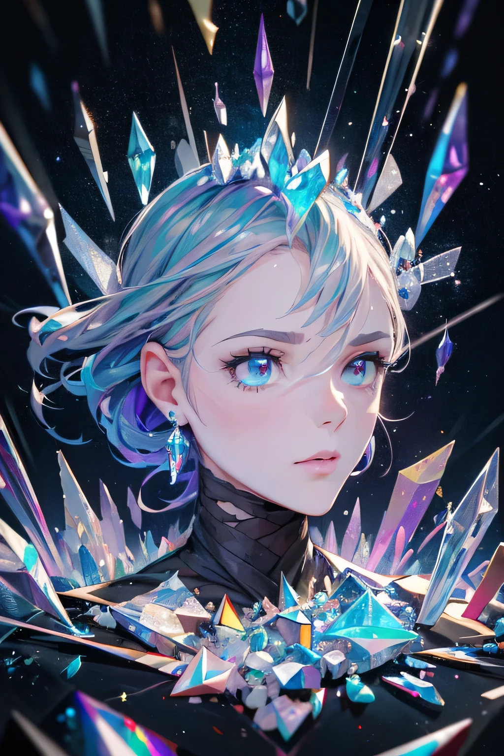 (best quality,4k,8k,highres,masterpiece:1.2),ultra-detailed,(realistic,photorealistic,photo-realistic:1.37),crystal glass shatters over a human skull,explosive shards of glass in vibrant colors,detailed shattered glass pieces reflecting light,glowing shards of all colors,crystal explosion mesmerizing human skull,crystal impact transforms skull to colored glass,shattered glass fragments capturing the light,sparkling shards of all colors,shimmering glass pieces forming a surreal scene,dazzling explosion creates kaleidoscope of colors,crystal collision creating vibrant glass shards,brilliant shards scattering in all directions,mesmerizing glass explosion blending with skull,broken fragments of glass reflecting a rainbow of hues,majestic glass shards floating in mid-air,floaty,pixelated crystal shards around the skull,translucent crystal merging with skull,crushed human skull forms a mosaic of glass,pixelated skull composition made of glass shards,crystal disintegration reveals a pixelated skull,pixel,glitch,glitched colors,pixelated aesthetic,pixel art style,colored pixel art transforming a human skull