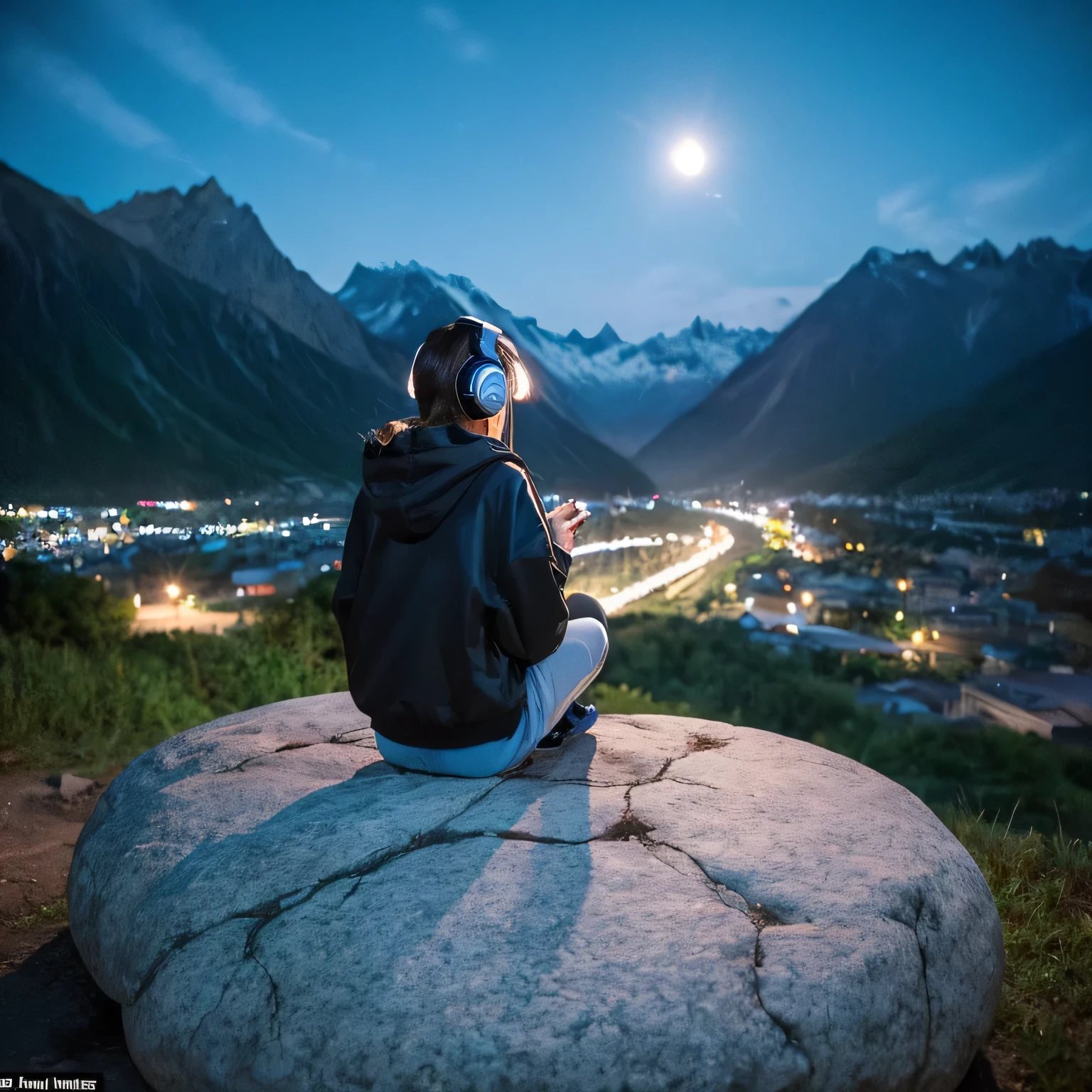 Create a girl sitting on a rock from back side and listing in a headphone at night , nature, mountains.