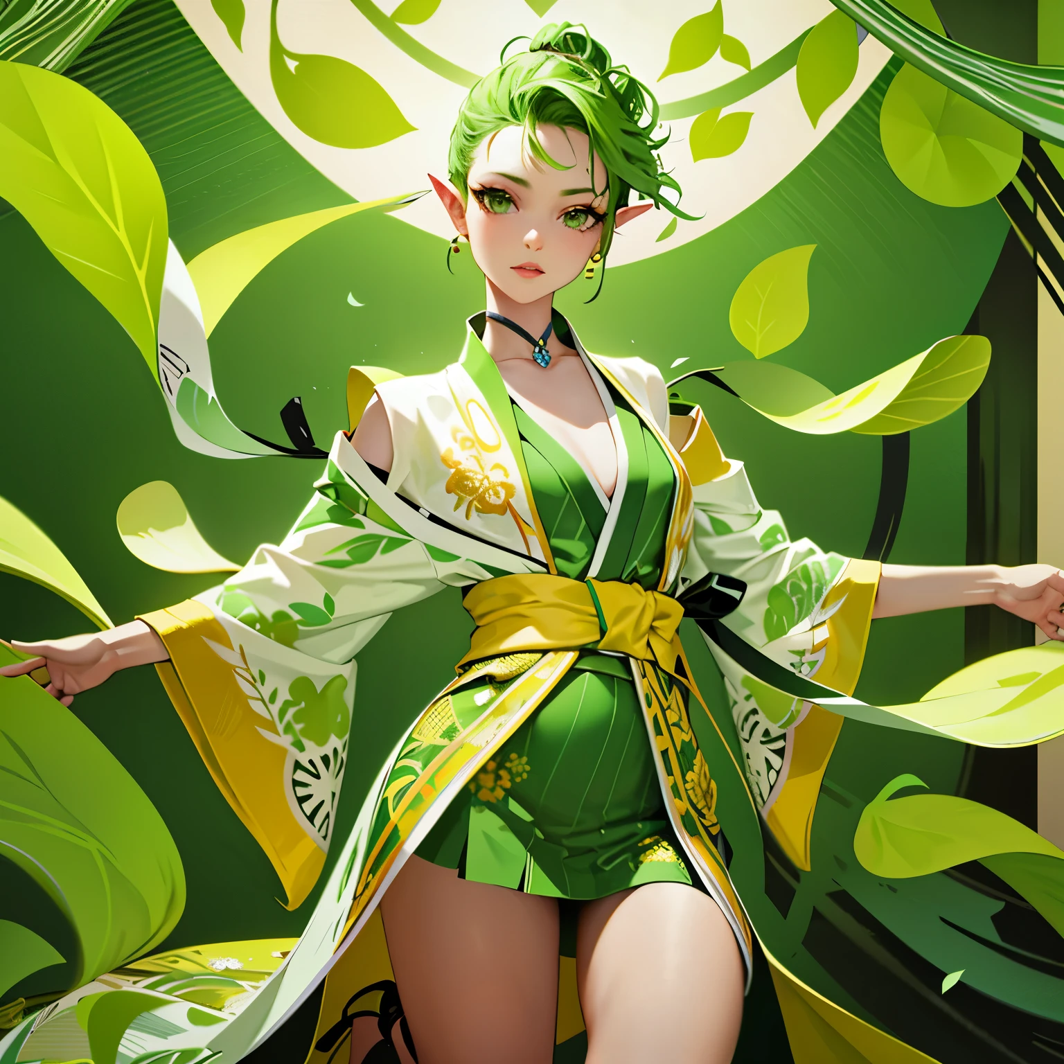 Elf female, feminine look, sexy hair, green outfit, leaves around body, swirling air movement, wide angle, full body view, loose fabric, geometric shapes, small breasts, lime pattern kimono, brushstrokes yellow, up-do hair, Bauhaus, geometric shapes