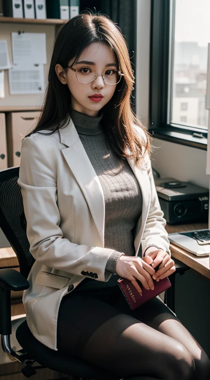 (whole body:1.5),(((One adult woman, 35 years old)):1.3),((black)))(Displaying the viewer:1.4),((Anatomically correct):1.45),((sit in office chair):1.2),(She wears big glasses、holding a book in hand:1.15),(shy:1.15),(Using multiple colors)(suit:1.2), ,(Beige pantyhose):1.3),( High heel leather shoes:1.1),(Accurate and perfect face:1.3),(Blue eyed blonde:1.2),Hyper HD, Ray Tracing, reflected light, Structurally correct, Awards, Attention to detail, Brighten the color contrast, Facial lighting ,Cinema Lighting, masterpiece, Super Detail, high quality, Attention to detail, 最high quality, 16k,High Contrast,
