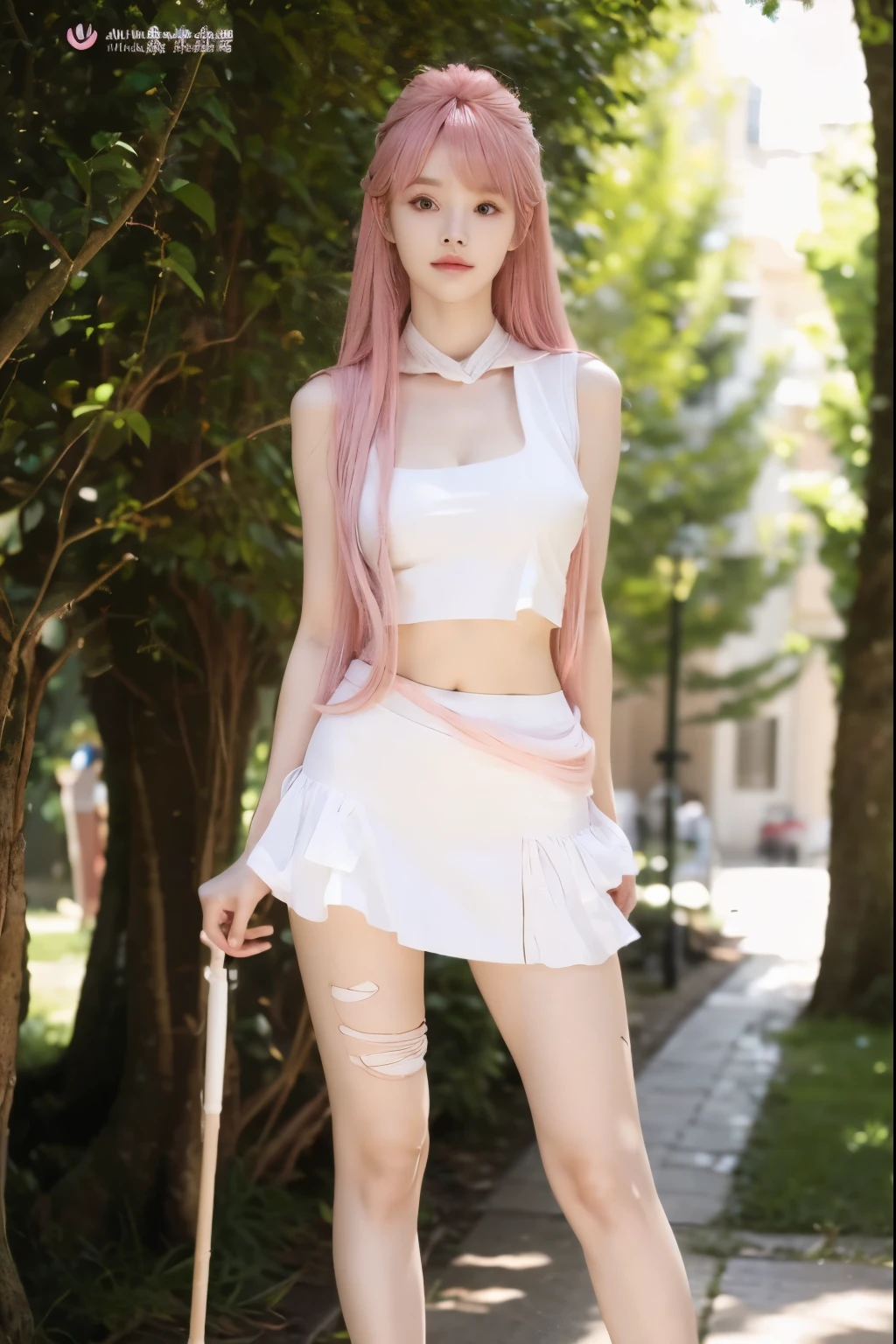 Beautiful woman with perfect body:1.4,Layered Hairstyle,Prominent cleavage,Highly detailed face and skin textures,Double eyelids,Skin Whitening,Long hair,Whitened long legs,Pink hair,(Tight-fitting sleeveless vest,miniskirt,White pantyhose)Standing on the top of the mountain