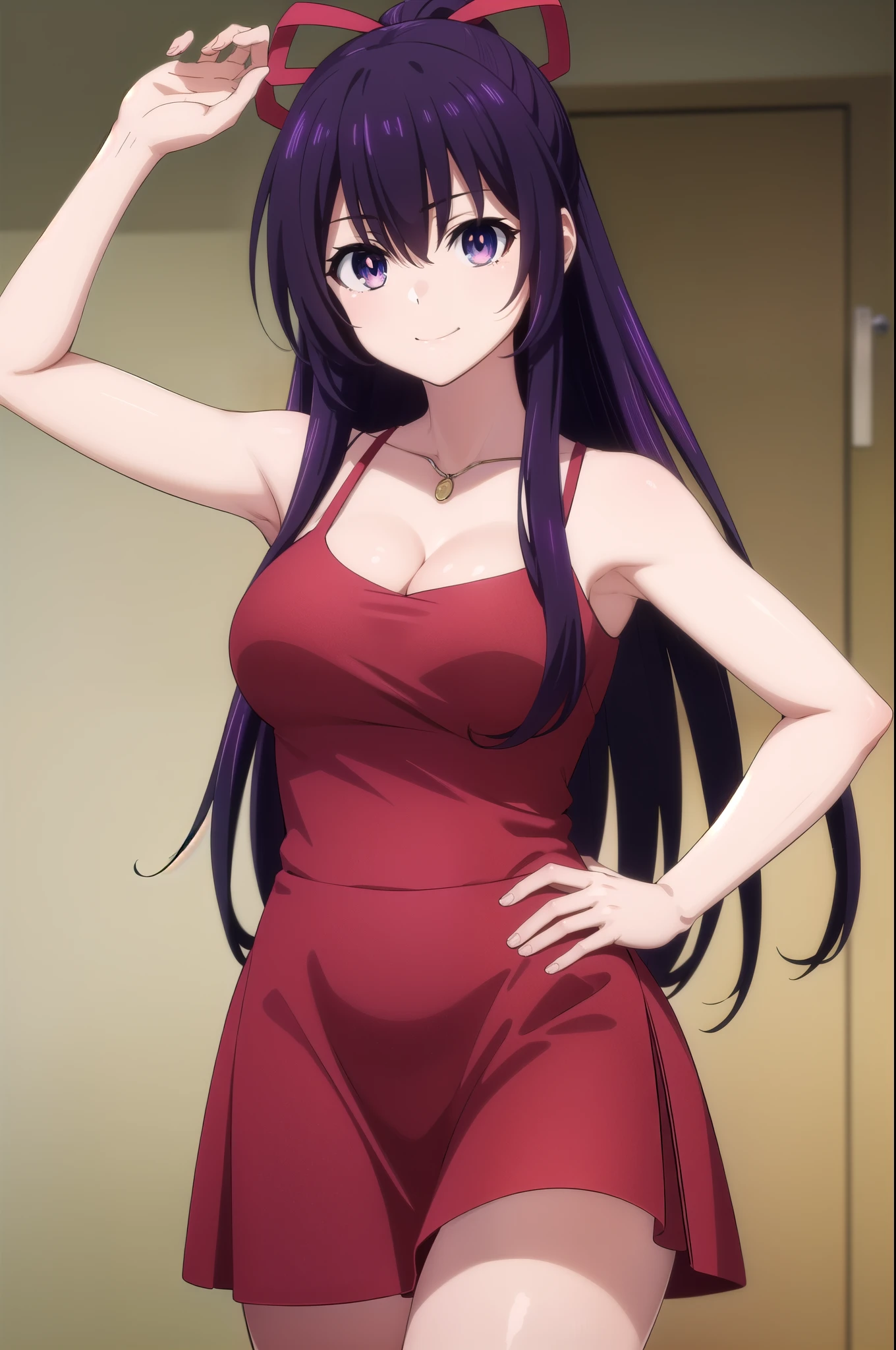 tohkayatogami, tohka yatogami casual, long hair, purple hair, alluringly smile, knee length dress, red dress, slim dress, office work dress,one piece dress, classy dress dress, cold shoulder, square neck, cleavage, short sleeve , necklace, ribbon , tight skirt, (purple eyes:1.1), hair ribbon, ponytail, purple hair, white ribbon, g cup breasts, plump butt , high heels 
BREAK ,
BREAK indoors, office, alone, 
BREAK looking at viewer, alluring pose, seduce poses (cowboy shot:1.5),
BREAK (masterpiece:1.2), best quality, high resolution, unity 8k wallpaper, (illustration:0.8), (beautiful detailed eyes:1.6), extremely detailed face, perfect lighting, extremely detailed CG, (perfect hands, perfect anatomy),