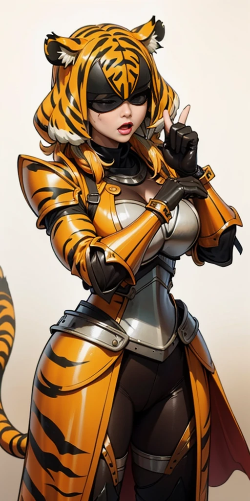 1 solo female blindfolded, animal tiger ears, animal tiger hands, animal tiger print, bell ((Armor reminiscent of a tiger))