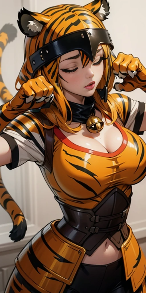 1 solo female blindfolded, animal tiger ears, animal tiger hands, animal tiger print, bell ((Armor reminiscent of a tiger))