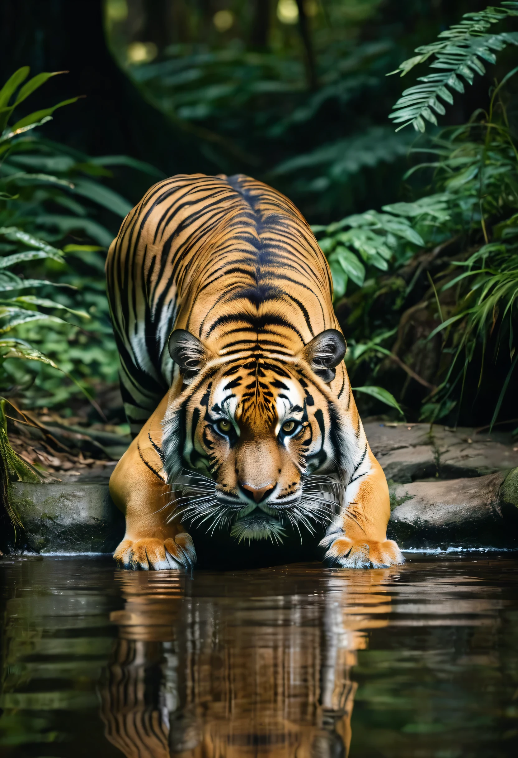 there is a tiger that is laying down by the water, looking majestic in forest, doing a hot majestic pose, tiger stripes, majestic pose, peaceful expression, proud look, photo, beautiful nature, stunning woman, king of the jungle, aggressive look, cinematic lighting, highres, best quality, anatomically correct