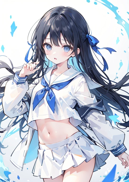 School White Sailor Suit mini skirt Long Black Hair No sleeve Embarrassed look Light blue ribbon The navel is slightly visible