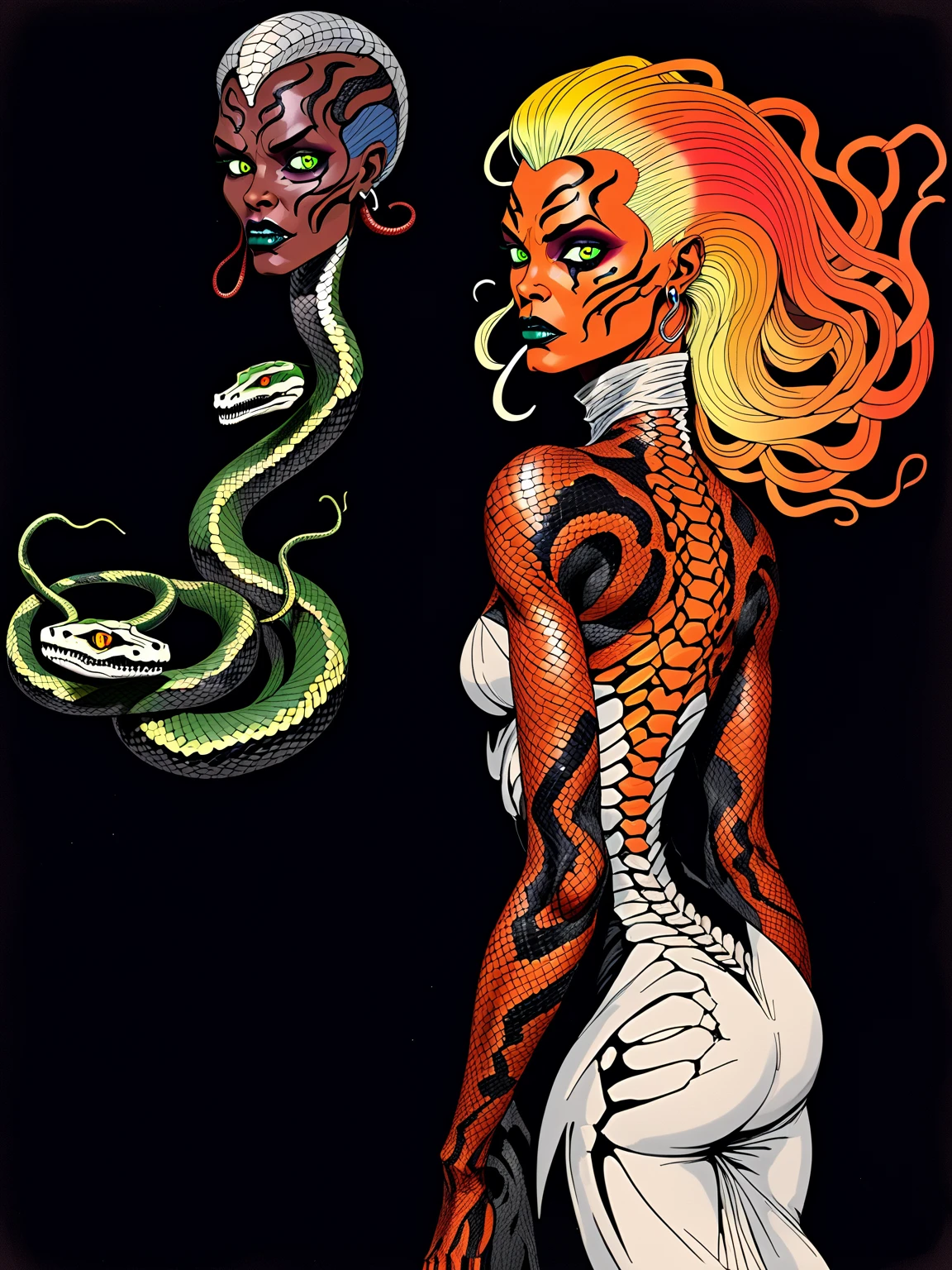 Medusa, colors, bleak muted deep fiery radiant glowing ROYGBIV, splash page decompressed comic cover art, ink style figure, ((expressive Joelle Jones and "Sean Gordon Murphy" comic drawing)), wordless, cinematic poster, double exposure, optical illusion, image within image, abyss void black no visibility darkness, full length portrait, (background, pine barrens, entropy, rewilding, magic hour sunset, galaxy stars, cosmos), (horror, abstract, surreal, body, cosmic), candid, snake skin dress, morphology anatomy drawn Frederic Delavier musculature anatomical illustration, (face, ornate black-metal corpsepaint face paint, resembles Grace Jones), (body, Naga, snakefolk, lower body snake tail, snake woman hybrid, bald, hairless, skeleton, snake skin tattoos, piercing eyes, snake pupils, over the shoulder), (colors, bleak muted deep fiery radiant glowing ROYGBIV, forest green, earth brown), craftsmanship nuance, (Gerardo Zaffino charcoal), subliminal orchids, nyctophobia, silhouette