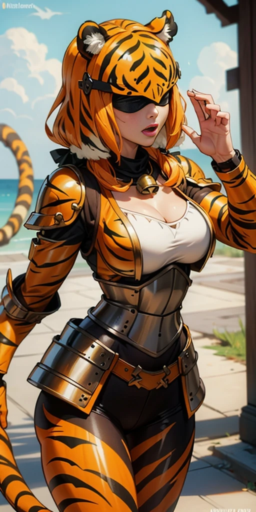 She is a girl of the tiger beastman tribe、Yellow eyes、Yellow and beautiful skin、Tiger print hair、Flashy battlesuit with tiger print、Her face is so beautiful、She is so cute、She is the guardian of ancient ruins、Mega Minimum、