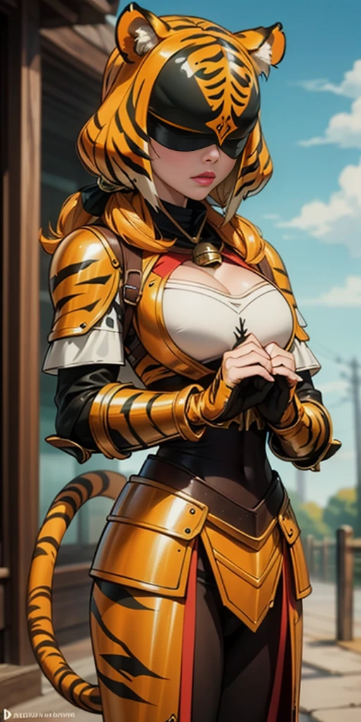 1 solo female blindfolded, animal tiger ears, animal tiger hands, animal tiger print, bell ((Armor reminiscent of a tiger))