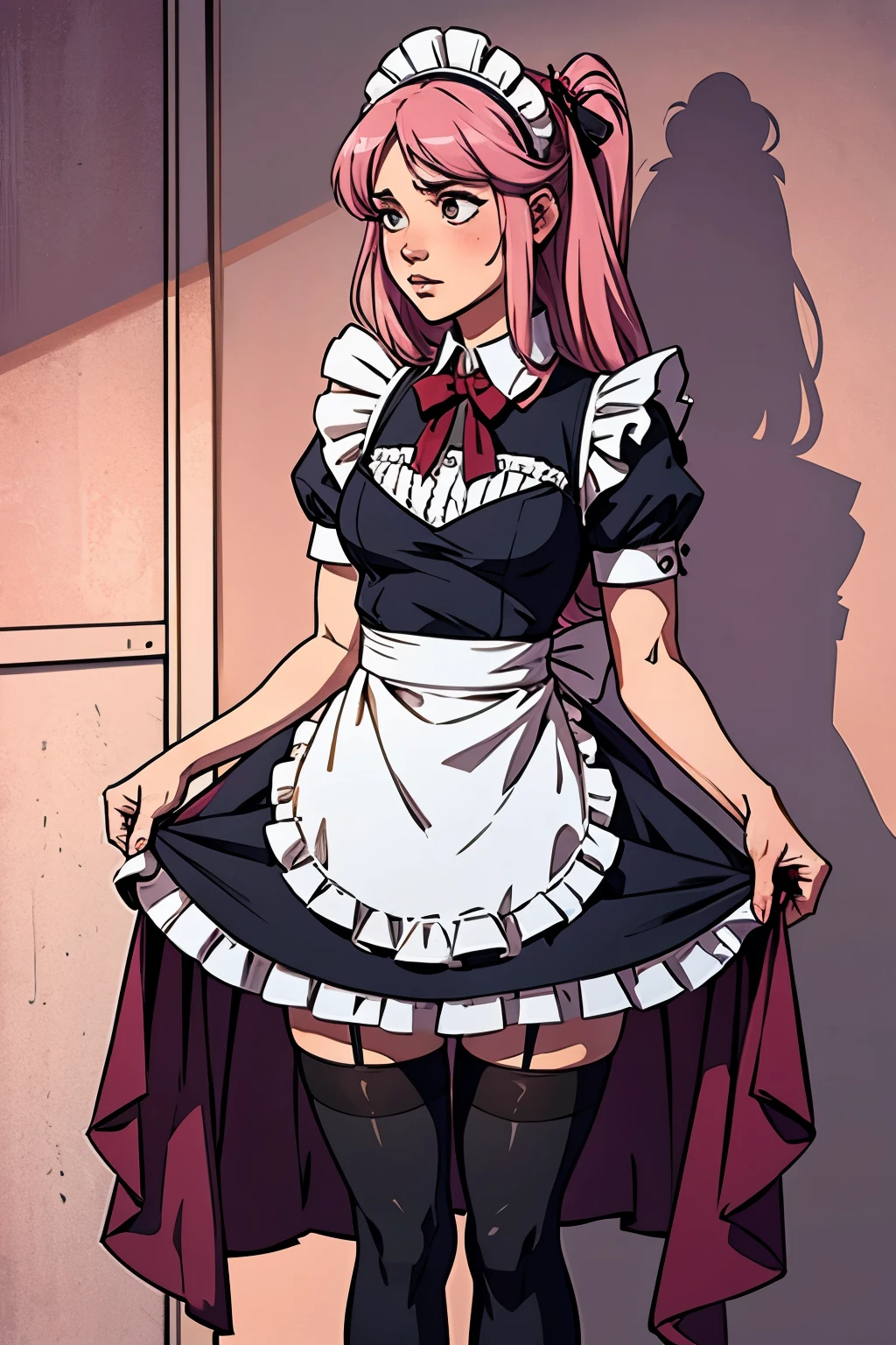 1girl, apron, bow, cube hair ornament, dress, frills, gloom (expression), hair ornament, heart, heart hands, long hair, looking away, maid, maid apron, maid headdress, mary janes, one side up, pink hair, shaded face, shoes, short dress, solo, sweatdrop, thighhighs, white thighhighs, zettai ryouiki, 