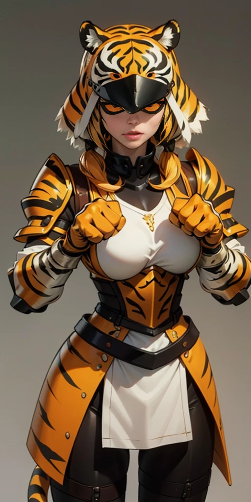 1 solo female blindfolded, animal tiger ears, animal tiger hands, animal tiger print, bell ((Armor reminiscent of a tiger))