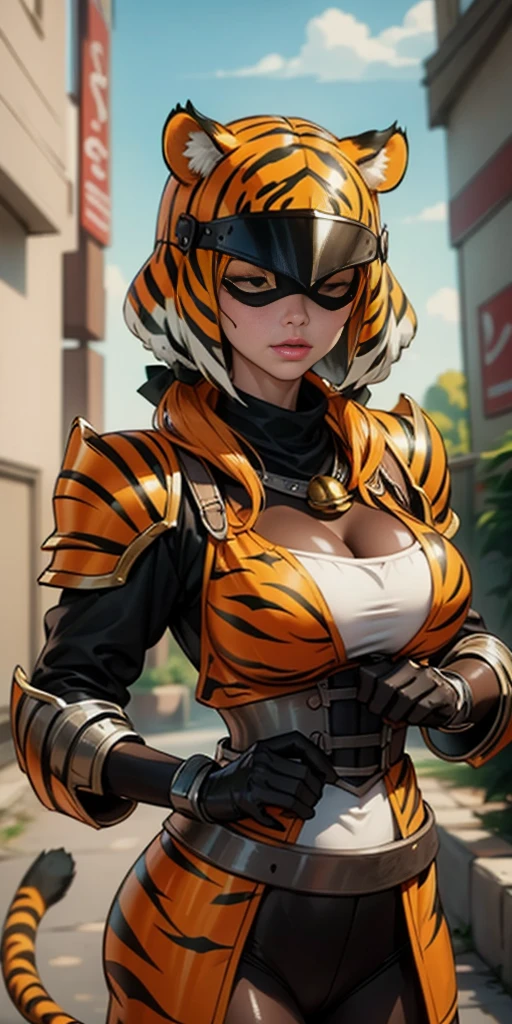 1 solo female blindfolded, animal tiger ears, animal tiger hands, animal tiger print, bell ((Armor reminiscent of a tiger))