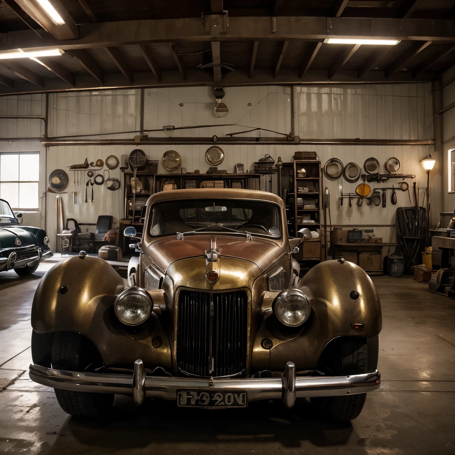 (best quality,4k,8k,high-res,masterpiece:1.2),ultra-detailed,realistic,professional,portrait,automotive mechanics,garage,tools,classic cars,working hands,oily engine parts,grease-covered workbench,wrenches,spanners,sockets,engine repair,car maintenance,challenges and triumphs,smiling faces,the beauty of craftsmanship,deep depth of field,dramatic lighting,rich color palette,dynamic composition,retro aesthetic,car lover's dream,homage to the golden age of automobiles