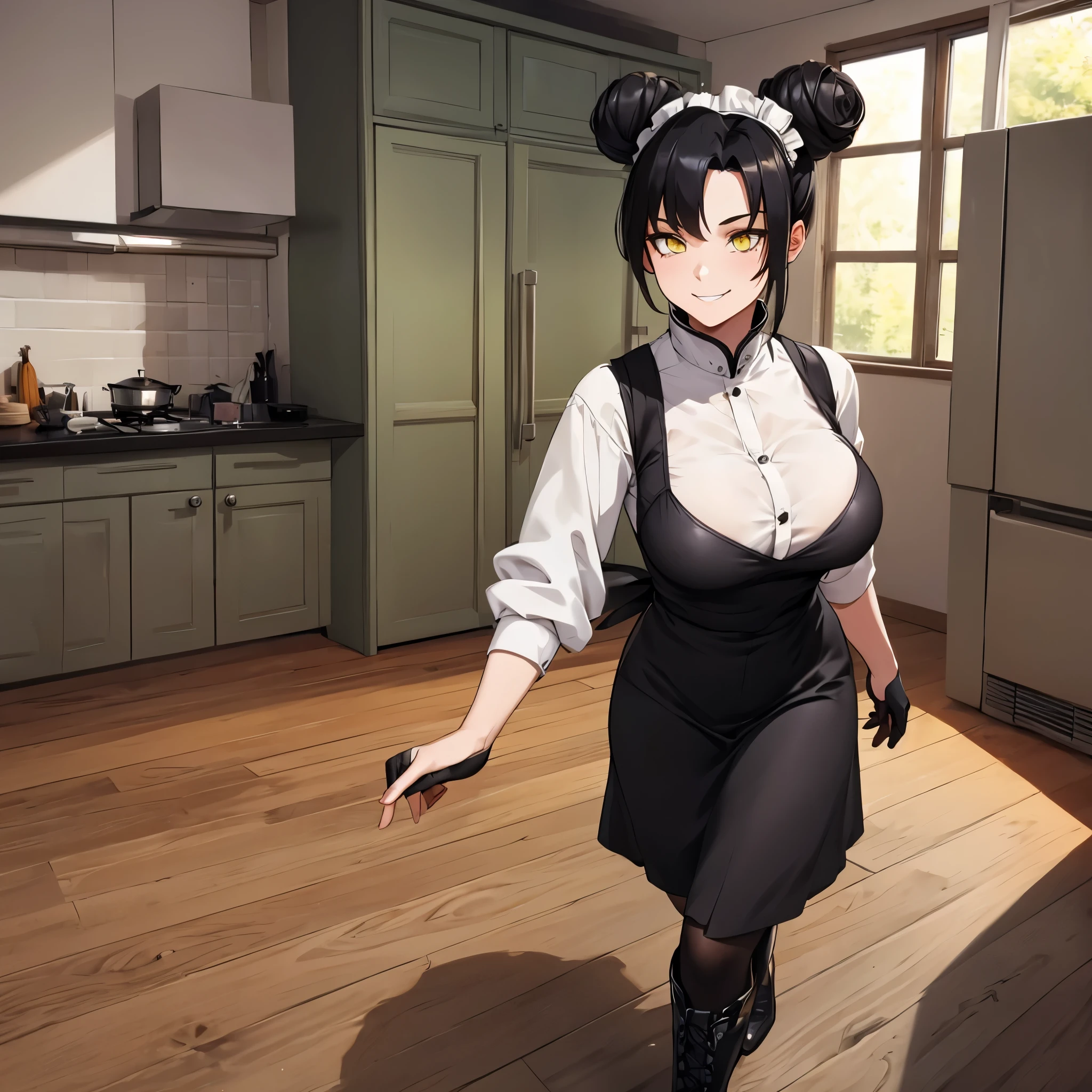 Woman with traditional maid uniform, black clothes, white apron, black hair, pigtail hair buns, yellow eyes, large breasts, full body, black boots, black gloves, walking on the floor of a very complete and spacious kitchen, smiling, in a room in a modern house, (solo woman), glow, drop shadow, flower, UHD, masterpiece, accurate, anatomically correct, textured skin, super detail, high quality, best quality, 8k, high resolution
