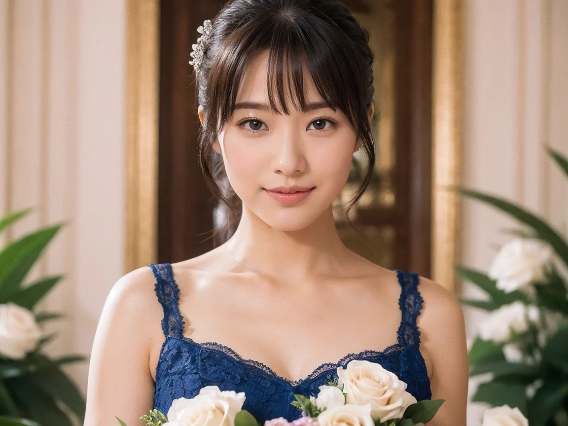 Medium Size Display, Medium Shot, Written boundary depth, bust, Upper Body, Movie angle, masterpiece, highest quality, Very detailed, CG, 8k wallpaper, Beautiful Face, Delicate eyes, Otome, alone, smile, bangs, have,Royal Blue Dress, bow, petal, Bouquet of roses