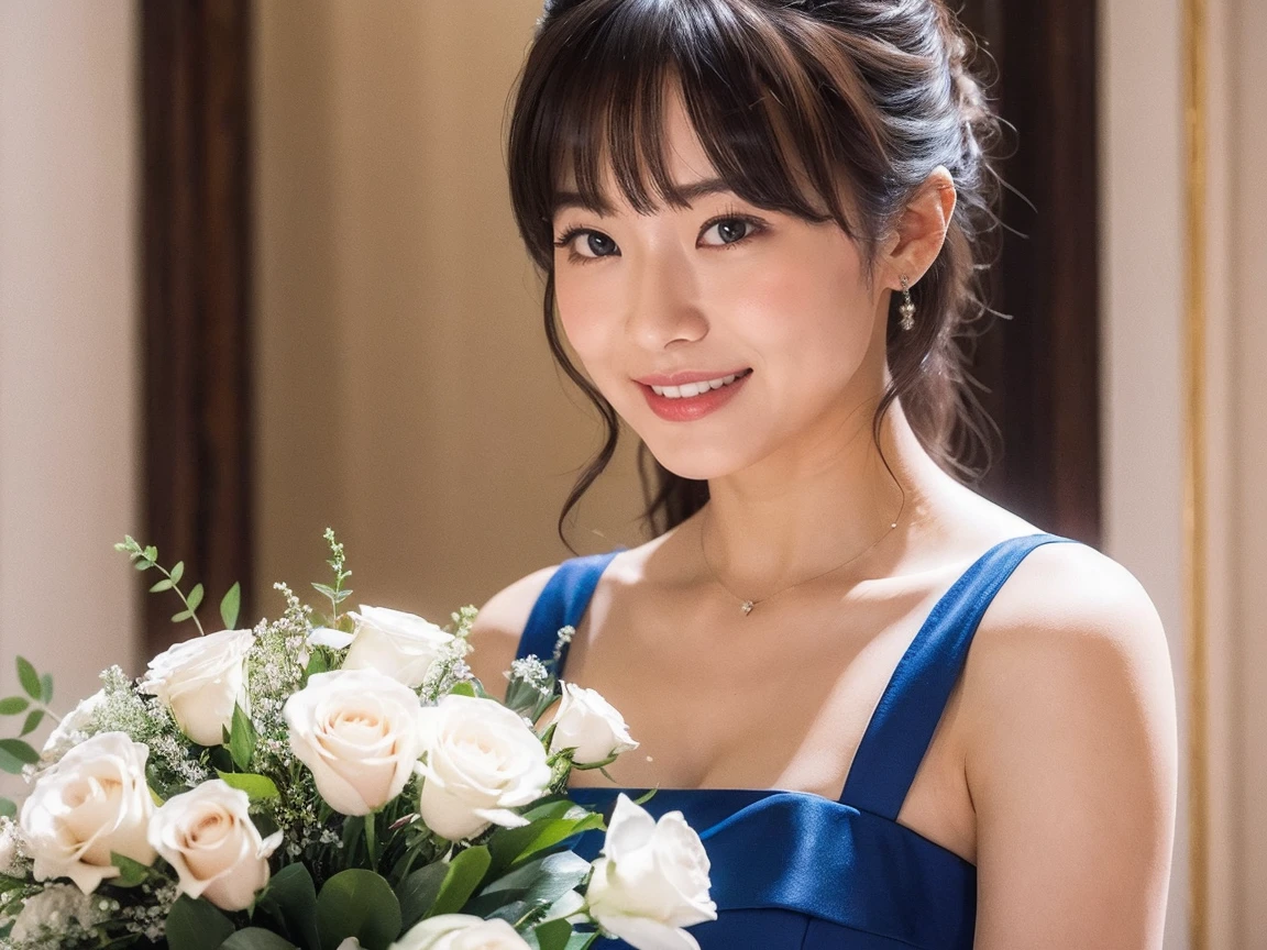 Medium Size Display, Medium Shot, Written boundary depth, bust, Upper Body, Movie angle, masterpiece, highest quality, Very detailed, CG, 8k wallpaper, Beautiful Face, Delicate eyes, Otome, alone, smile, bangs, have,Royal Blue Dress, bow, petal, Bouquet of roses