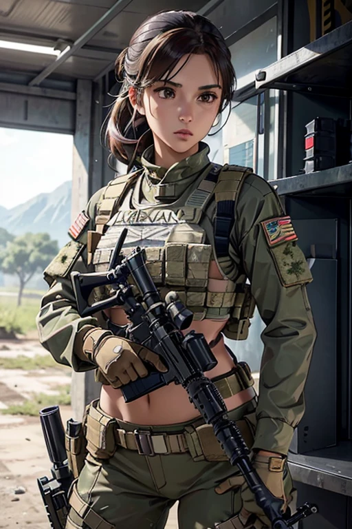 a woman in a white outfit holding a rifle and wearing headphones, 24-year-old woman, Filipino woman, tan bronze skin, soldier girl, mechanized soldier girl, military girl, beautiful female soldier, female lead character, infantry girl, of a sniper girl in war, solo female character, future combat gear, close up half body shot, Women in crop top military bulletproof vest, showing navel, quiet from metal gear solid v, wearing tactical gear, dressed in tactical armor, (((aiming rifle)))