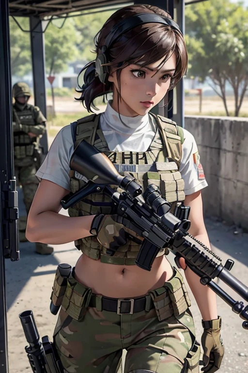 a woman in a white outfit holding a rifle and wearing headphones, 24-year-old woman, Filipino woman, tan bronze skin, soldier girl, mechanized soldier girl, military girl, beautiful female soldier, female lead character, infantry girl, of a sniper girl in war, solo female character, future combat gear, close up half body shot, Women in crop top military bulletproof vest, showing navel, quiet from metal gear solid v, wearing tactical gear, dressed in tactical armor, (((aiming rifle)))