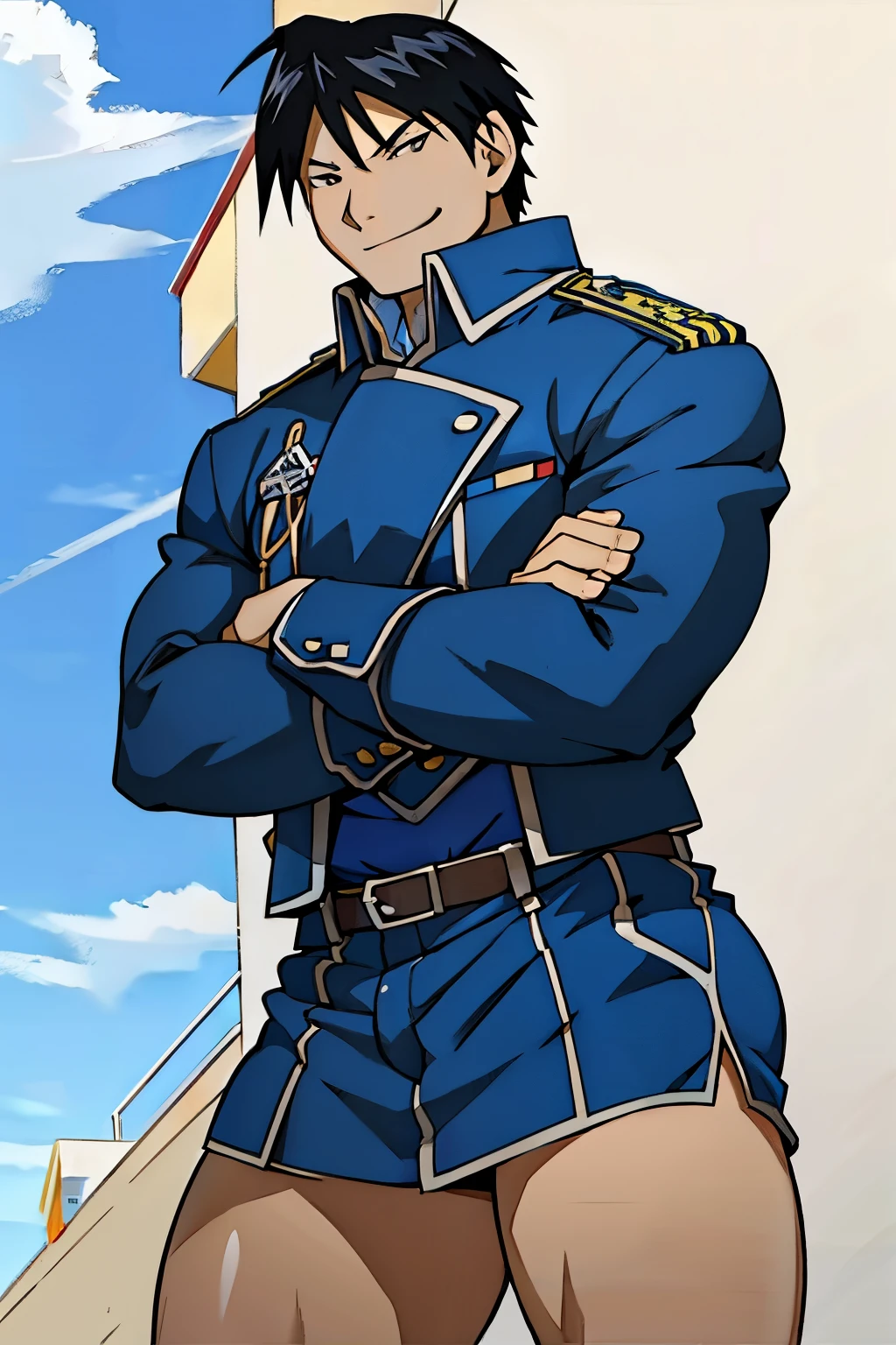 Roy Mustang from Full Metal Alchemist, wearing blue miniskirt, bodybuilder, smug smile, defined body, making sexy poses