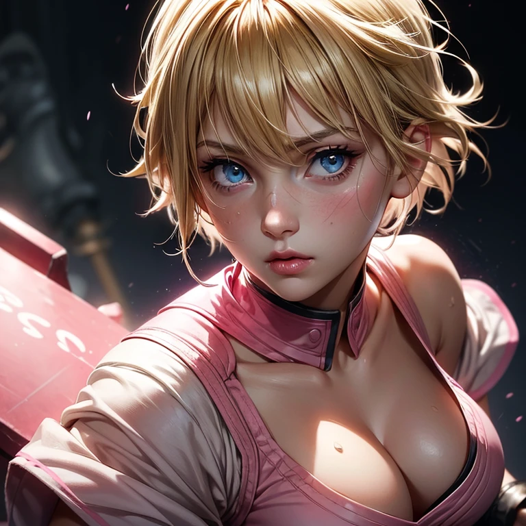 blonde girl, short hair, blue eyes, pink lips, pink and full cheeks, fighting outfit, with a cut on her cheek, face of someone who just came out of a battle, athletic, realistic body