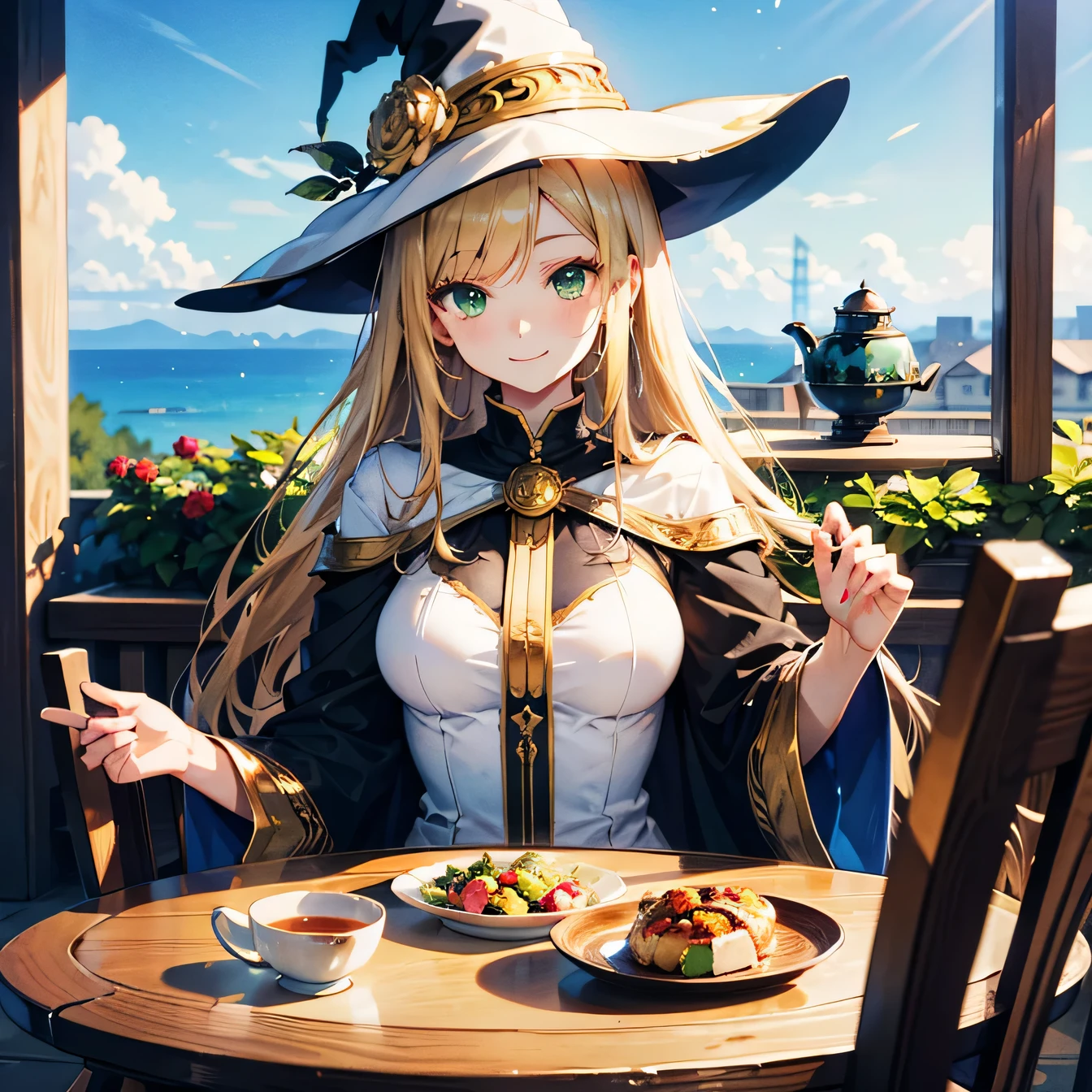 Anime Moe Art Style,highest quality,High resolution,Anatomically correct,One Woman,Twenty years old,Blonde,Super long hair,Straight Hair,Green Eyes,Super detailed,Fantasy Style,witch,White hat with gold trim,White cloak with gold trim,A long dress with a green base,Medium sized breasts,Open Terrace Cafe,white round table,Smiling face with teapot and tea on the table,Beautiful posture,8K