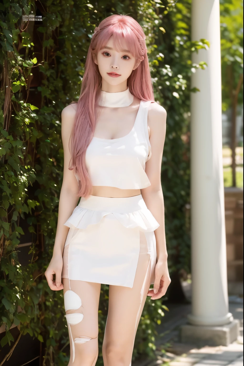 Beautiful woman with perfect body:1.4,Layered Hairstyle,Prominent cleavage,Highly detailed face and skin textures,Double eyelids,Skin Whitening,Long hair,Whitened long legs,Pink hair,(Tight-fitting sleeveless vest,miniskirt,White pantyhose)Standing on the top of the mountain