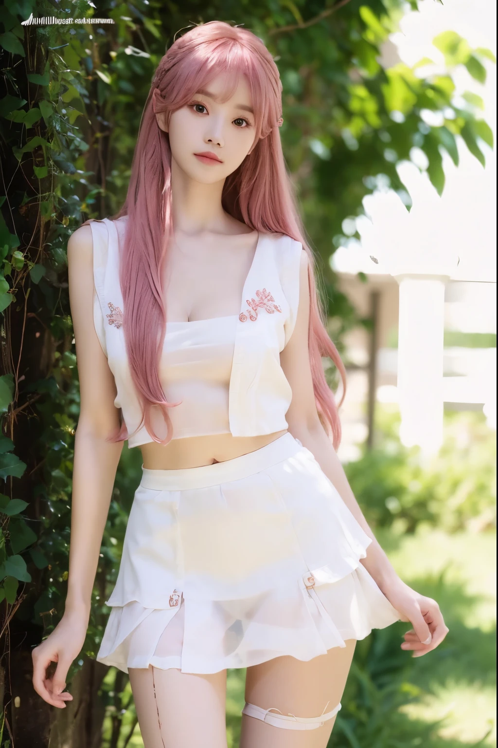 Beautiful woman with perfect body:1.4,Layered Hairstyle,Prominent cleavage,Highly detailed face and skin textures,Double eyelids,Skin Whitening,Long hair,Whitened long legs,Pink hair,(Tight-fitting sleeveless vest,miniskirt,White pantyhose)Standing on the top of the mountain