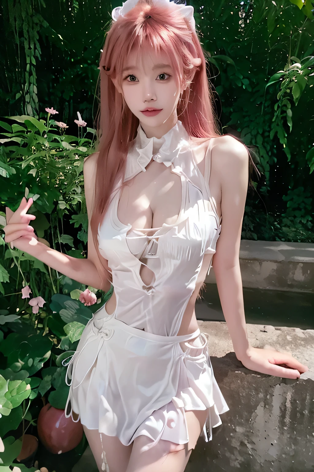 Beautiful woman with perfect body：1.4，Layered Hairstyle，Prominent cleavage，Highly detailed face and skin textures，Double eyelids，Skin Whitening，Long hair，Whitened long legs，Pink Hair，（Tight vest，miniskirt，White pantyhose）Stand in the garden