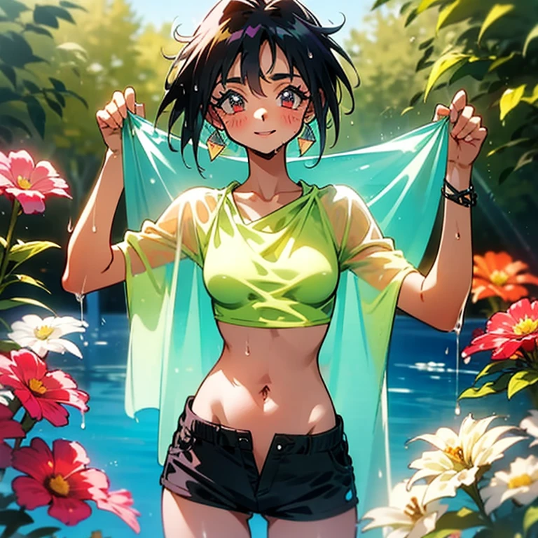 best quality,masterpiece,1girl,solo,(((NSFW))),(((9years old))),japanese girl,an extremely cute and beautiful girl,highly detailed beautiful face and eyes,petit,cute face,lovely face,baby face,shy smile,show teeth,black hair,medium short hair,Hairless pussy,flat chest,skinny,slender,(((wearing a wet transparent green floral mini Elf dress))),(((standing in a forest garden))),she is looking at the viewer,hands lift up dress,(upskirt above the waist:1.1),(no panties:1.1),(open your legs:1.1),(no bra:1.1)