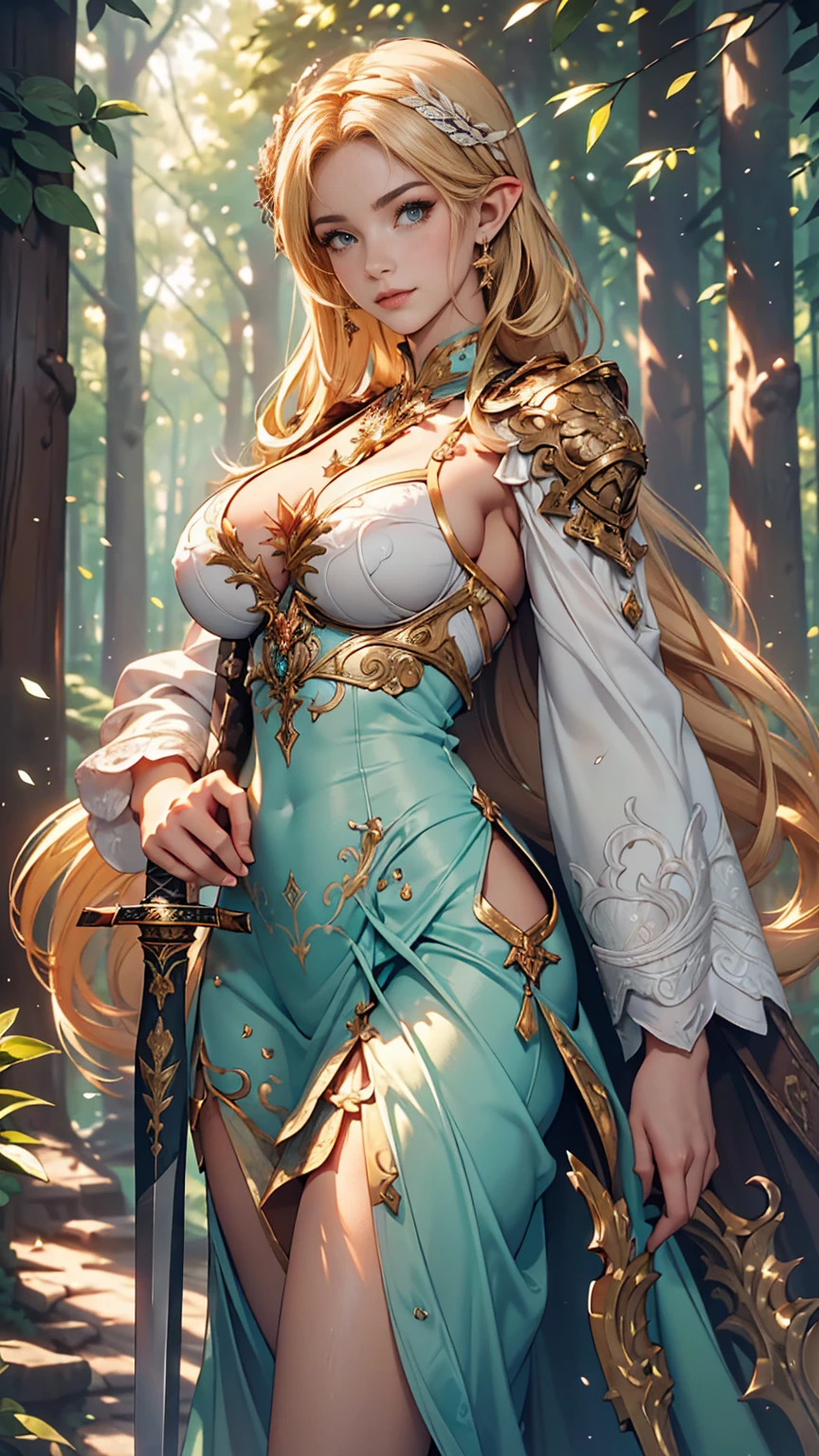 masterpiece, highest quality, Intricate details, Gorgeous blonde elven woman, (mint eye), Celestine Lucullus, Perfect Anatomy, Perfect Face:1.1), ((Huge breasts!!!!!!)),(Huge breasts!!!!), White one-piece uniform, Sharp focus, ((alone:1.4), (Full Body Shot), View your viewers, Ultra-high resolution, (One girl:1.4), Highly detailed illustration, Smooth, Extremely pixel perfect, Detailed Background, art：Wlop と Ross Tran, forest, Fascinating,Venus Body、Wields the legendary sword